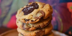 Chocolate chip cookies on a wooden board