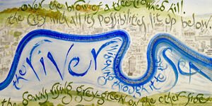 An illustration with a graphic depiction of a river, with the words 'river' in large text