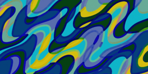 Abstract painting of blue, green and yellow waves.