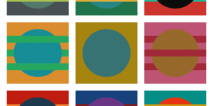 Abstract painting of different coloured circles.