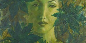 Painting of a woman surrounded by leaves.
