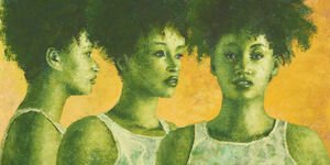 Painting of a woman showing her side and front profiles.