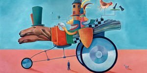 Abstract pink and blue painting.