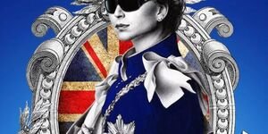 An image of the Queen wearing sunglasses in a blue robe.