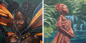 Collage of two paintings of women, one as a fairy and one pregnant.