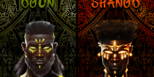 Collage of two paintings of men as mythical creatures.