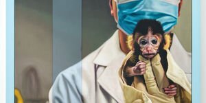 Painting of a doctor holding up a monkey.