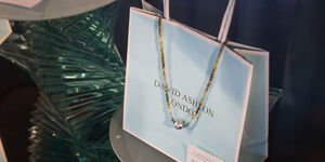Image of a David Ashton shopping bag with a necklace attached.