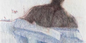 Pencil drawing of a man wearing a loose shirt.