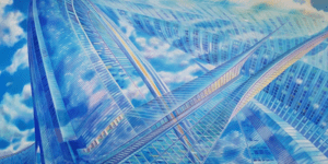 Image of an abstract painting of buildings.