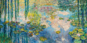 Painting of a lake with water lillies.