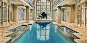 Painting of piano in a house with a swimming pool.