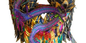 Image of a rainbow corset with a dragon design.