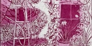 Pink etching of a garden.
