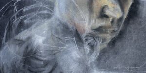 Artwork of two people hugging.