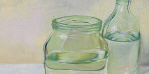 Painting of two glass water bottles.