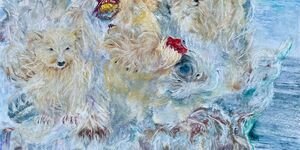 Painting of two polar bears fighting.