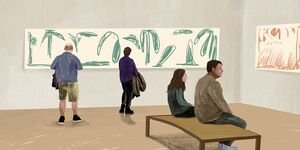 Painting of people sitting in an art gallery.