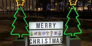 Image of two neon lights shaped as Christmas trees