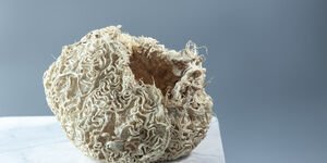 Root vessel by Zena Holloway / Rootfull. Zena Holloway uses grass roots to grow and craft sculptural objects, wearables and lighting that embody organic design. Photo Zena Holloway.