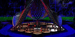 An image of a red and blue rainwater fountain.