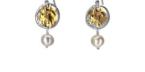 Image of gold coin earrings with a white gemstone.
