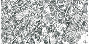 Pencil drawing of people in Cambodia.