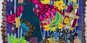 The Masked Dancer, 2023, oil, acrylic, and fabrics on canvas, 100x100cm, artist - Abi Ola