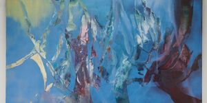 Blue abstract painting of a tree.