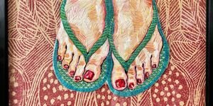 Embroidery of feet in flip flops.
