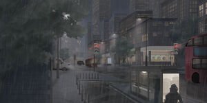 Graphic design of a rainy London street at night.