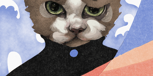 Painting of a cat with a 'cat food' sign.