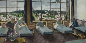Painting of a hospital ward.