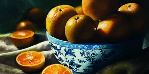 Painting of a bowl of oranges.