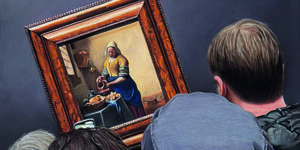 Painting of a group of people looking at a painting.
