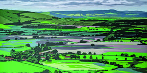 Painting of a green landscape.