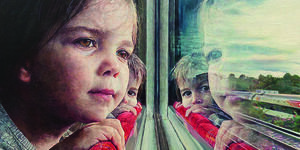 Painting of a child looking out a train window.