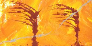 Painting of two trees in a burning forest.