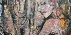 Abstract art piece of a woman and an animal.