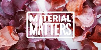 Image of the Material Matters logo with flower petals in the background.