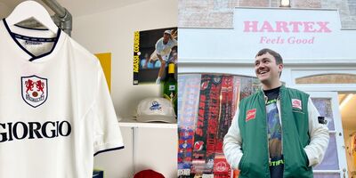 Collage of a football T-shirt and Harry from Hartex standing outside his studio.