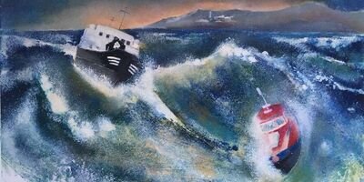 Painting of two ships on the ocean by Southbank Printmakers.