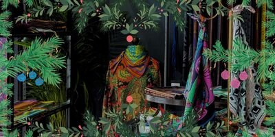 Image of Furious Goose's clothing on a mannequin surrounded by festive decorations.