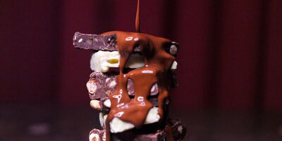 A stack of brown and white chocolate squares