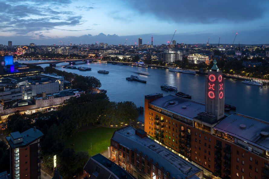 Aerial view of Oxo and the riverside.