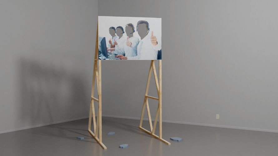 An image of a billboard of four people with their faces cut out.