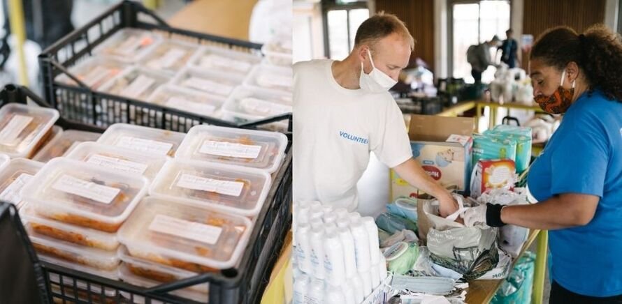 Volunteers with food and supplies